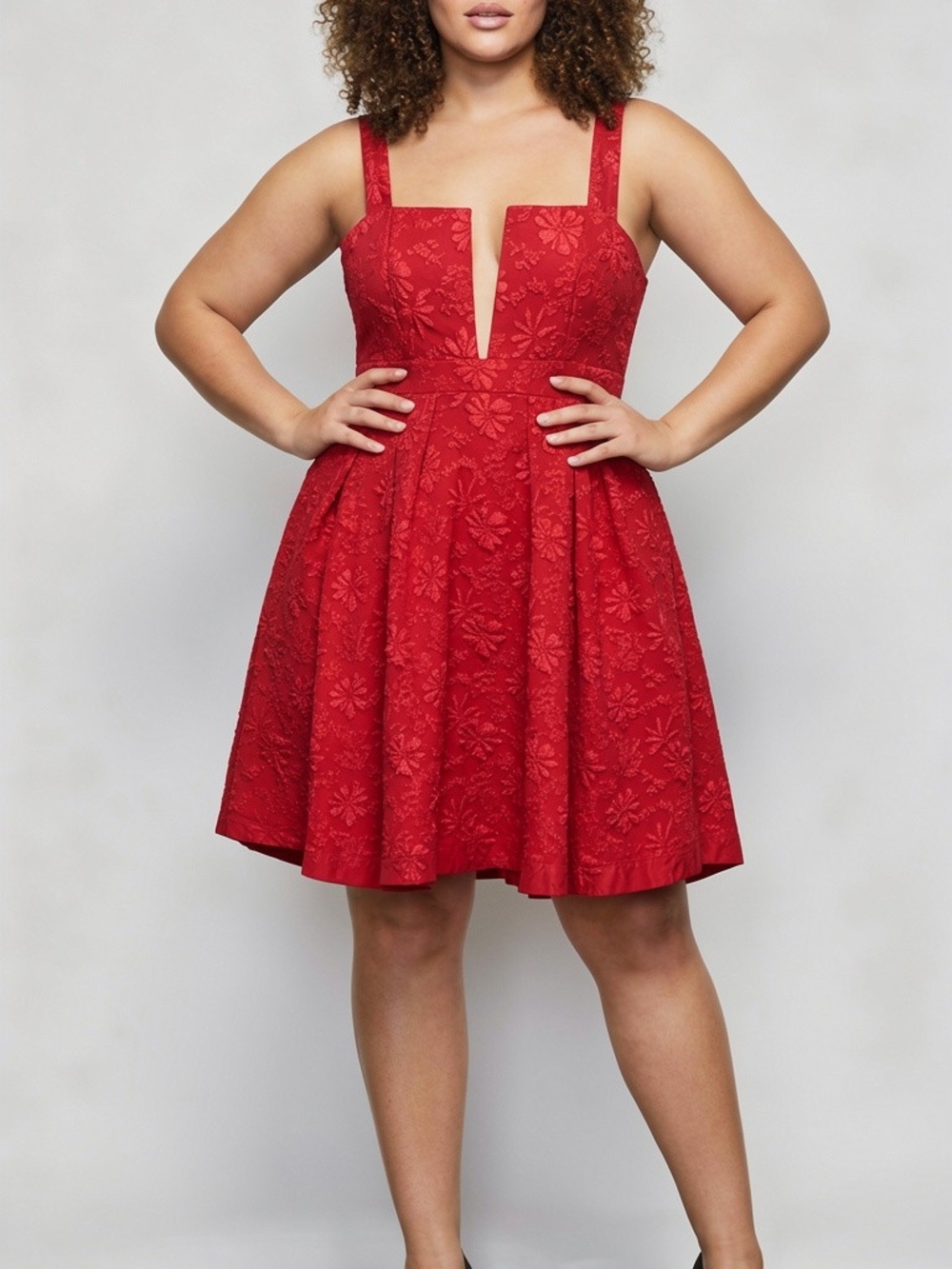 SHEIN Red Floral Jacquard V-Plunge Fit & Flare Mini Dress